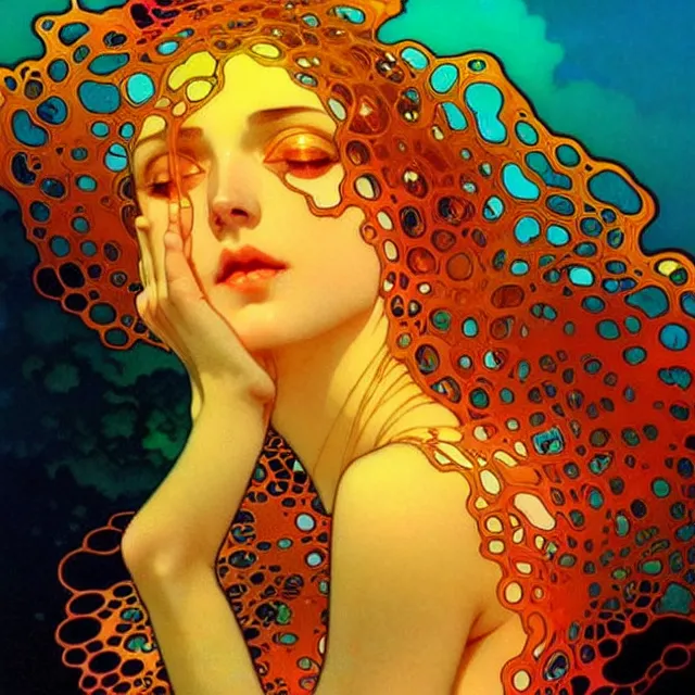 Prompt: mind bending sapphire ocean waves of glossy psychedelic liquid honey drops flowing like kaleidoscopic translucent amber, lsd waves, psychedelic ripples, crystal clear, backlit, sunset, refracted lighting, art by collier, albert aublet, krenz cushart, artem demura, alphonse mucha