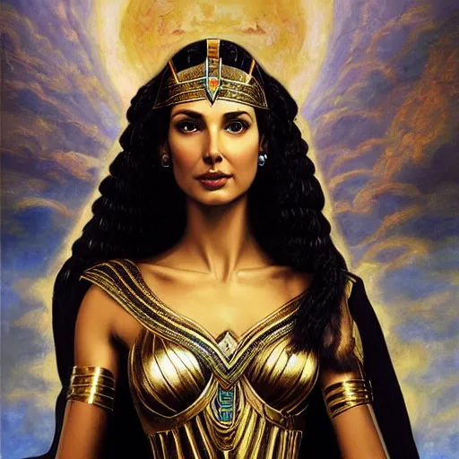 Image similar to Full body oil painting of the beautiful goddess Gal Gadot as Cleopatra, she is wearing egyptian clothes and a surreal jewelry, her hair is natural disheveled, she is approaching heaven over the clouds, Anubis is close to her, naturalism, dramatic lighting, high-detailed oil painting by Ilya Repin, Michelangelo da Caravaggio, William Blake, Alex Grey and Beksinski, trending on Artsation, hystorical painting, naturalism, masterpiece, 4k, 8k,