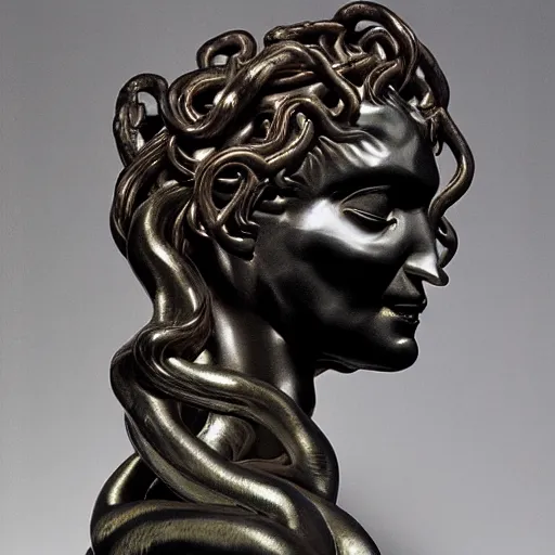 Prompt: medusa sculpted by szukalski and Arno Breker, black bronze,