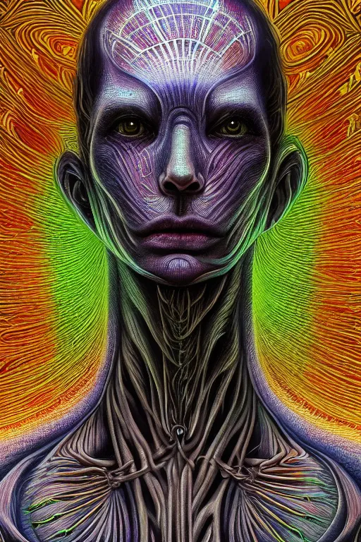 Prompt: cinematic symmetric portrait of an alien god emperor. Centered, uncut, unzoom charachter illustration. Dmt entity manifestation. Surreal render, ultra realistic, zenith view. Made by alex grey and giger feat peter gric and bekinski. Polished. Inspired by scifi painter glenn brown. Overpainted by salviadroid. Slightly Decorated with Sacred geometry and fractals. Extremely ornated. artstation, cgsociety, unreal engine, ray tracing, detailed illustration, hd, 4k, digital art, overdetailed art. Intricate omnious visionary concept art, complementing colors, Trending on artstation, deviantart