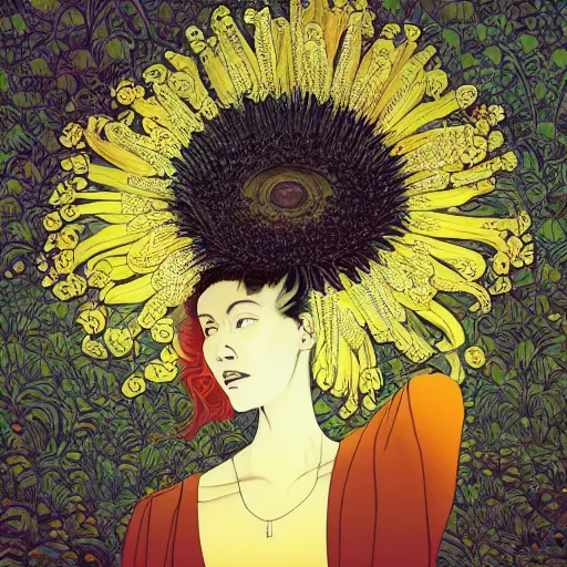 Image similar to closeup, huge daisy flower head, woman in modern apartment, surreal, dramatic light, by victo ngai by james jean, by rossdraws, frank franzzeta, mcbess