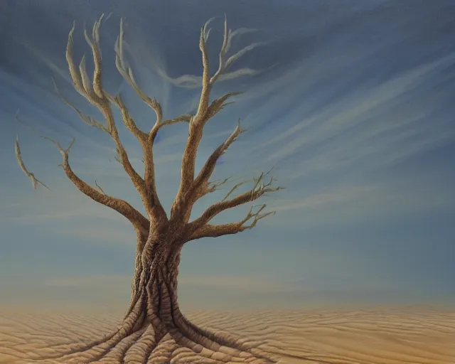 Image similar to a painting of a tree in the desert, an airbrush painting by breyten breytenbach, detailed sand pattern, cgsociety, neo - primitivism, airbrush art, dystopian art, apocalypse landscape