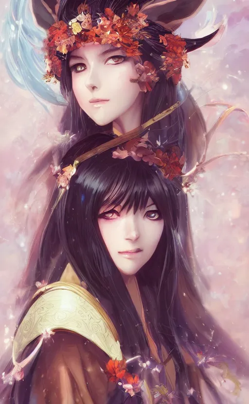 Prompt: A beautiful anime-style digital concept portrait of a beautiful young sorceress with fox ears and nine fox tails wearing a kimono, by Stanley Artgerm Lau, WLOP, Rossdraws, LeraPi, and Sakimichan, trending on ArtStation