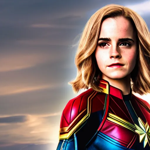 Prompt: Emma Watson modeling as Captain Marvel, (EOS 5DS R, ISO100, f/8, 1/125, 84mm, postprocessed, crisp face, facial features)
