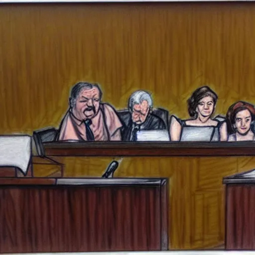 Image similar to [ prompt ridiculous courtroom scene drawn by marilyn church ]