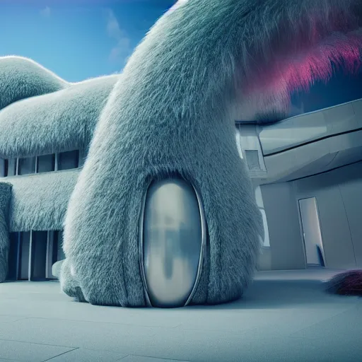 Prompt: detailed architectural render of a futuristic home furry fuzzy muppets elmo shape hairy surreal atmosphere inspired by postmodernism hyperreal hyperdetailed 3 d samaritual 8 k real engine