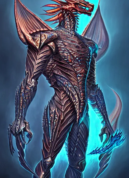 Image similar to muscular and tall ghostly fire humanoid dragon!!!! draconian!! intricate ornate iridescent heavy armor!! character concept art, sharp focus, octane render! unreal engine 5! highly rendered!! trending on artstation!! detailed linework!! illustration by artgerm, wlop, and chie yoshii