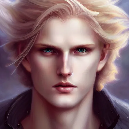 Image similar to digital art of a pale menacing Angel of Battle with long blond curls of hair and piercing eyes, johan liebert mixed with Dante, central composition, he commands the fiery power of resonance and wrath, very very long blond curly hair with bangs!!!, baroque curls, by Ross Tran Rossdraws and WLOP, Artstation, CGsociety