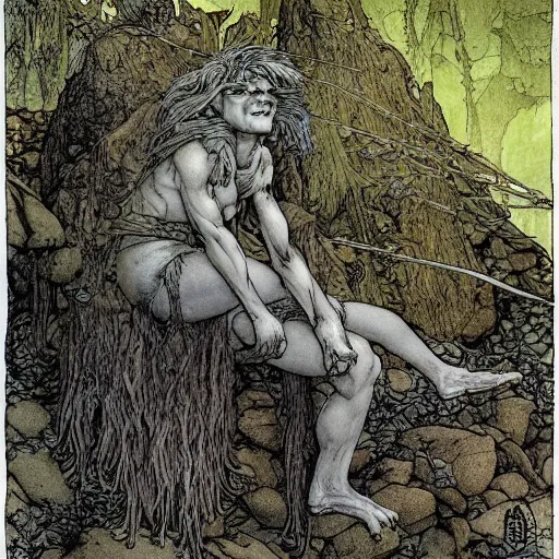 Image similar to a troll on a rock in a forest, dramatic lighting, fluid, smooth, bright, colours, high contrast, sharpness, very detailed, intricate, by richard corben and moebius and briand froud and arthur rackham and john bauer