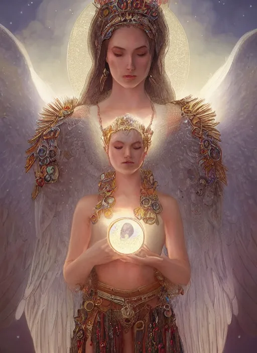 Image similar to A beautiful digital painting of a female Seraphim full of jewels, princess, the moon behind her, intricate, cinematic lighting, highly detailed, digital painting, Artstation, concept art, smooth, sharp focus, illustration, art by Tom Bagshaw, Artgerm and Greg Rutkowski