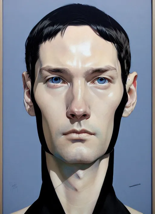 Image similar to artwork by james jean and Phil noto; a close up on the face of a beautiful man in a future space suit; wearing futuristic astronaut helmet; highly detailed; pretty eyes; circular black pupils; artwork by james jean and Phil noto