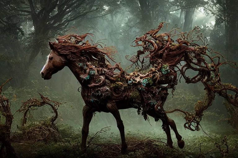 Prompt: a stunning horse made of gnarled wood with a thick mane of bioluminescent vines and flowers running through the woods by greg rutkowski, high key lighting, volumetric light, digital art, highly detailed, fine detail, intricate, ornate, complex, octane render, unreal engine, photorealistic