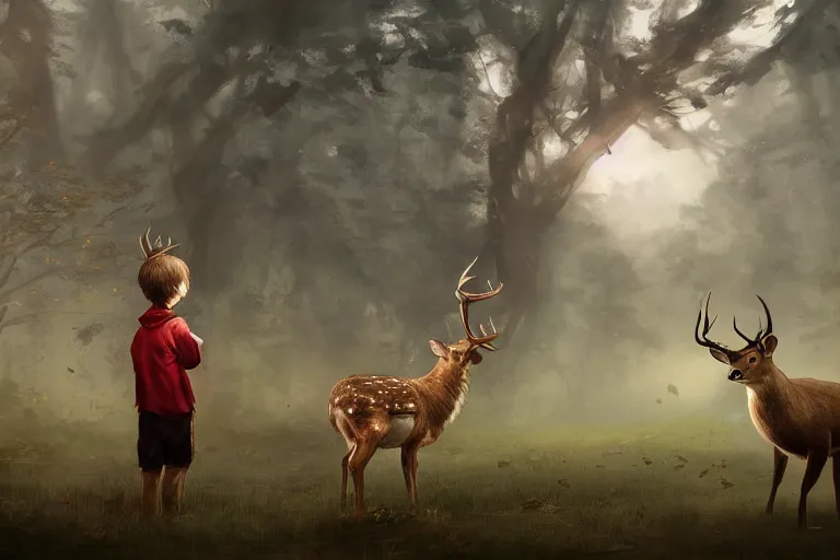 Image similar to a boy meeting a deer god, by WLOP on artstation,