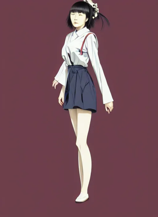 Image similar to a full - body portrait of a young japanese woman standing in tokyo street, confident pose, intricate, elegant, sharp focus, illustration, highly detailed, concept art, matte, trending on artstation, anime, art by james jean and artgerm and brian despain and alberto mielgo, greg rutkowski, wlop, ilya kuvshinov, strong strokes