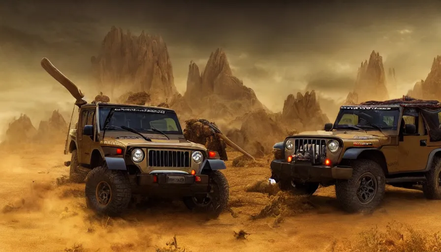 Image similar to Mahindra thar, tribe members attacking, action scene, an epic fantasy, dramatic lighting, cinematic, establishing shot, extremely high detail, photorealistic, cinematic lighting, artstation, by christopher nolan, horizon forbidden west