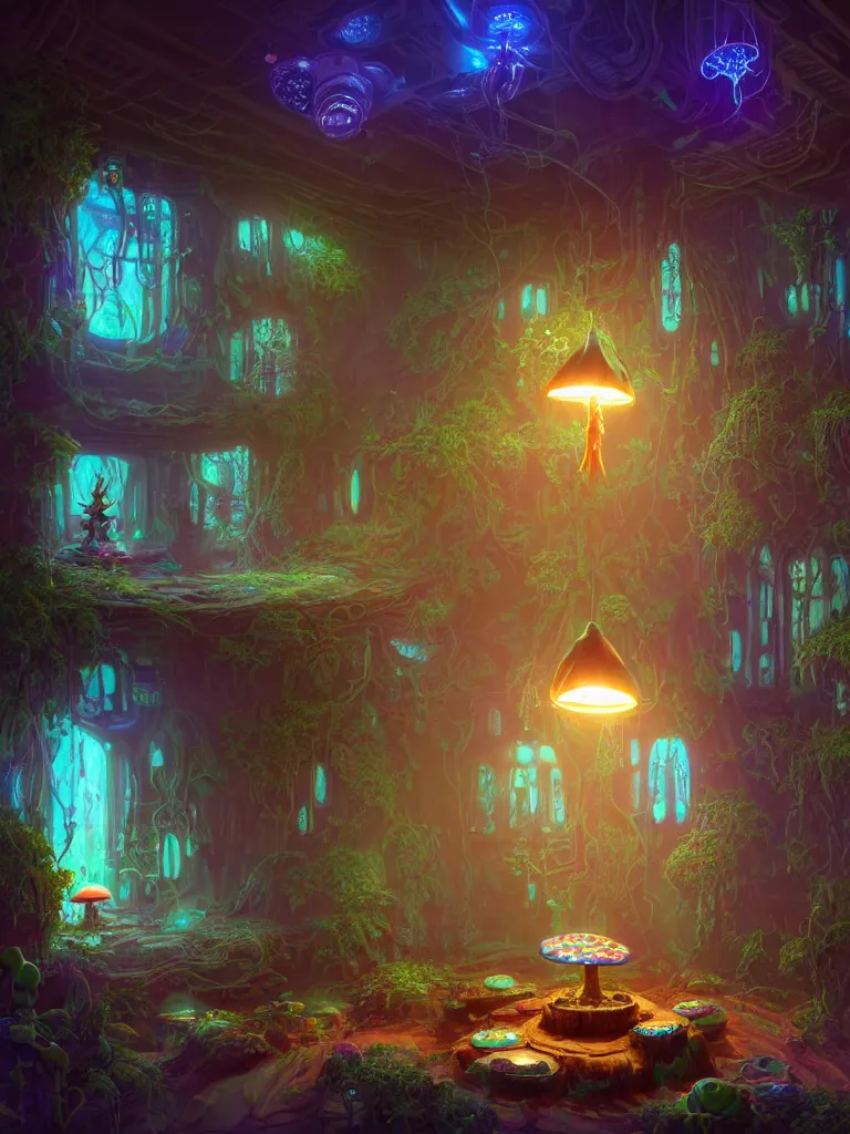 Prompt: the interior of a celestial dainty cyberpunk cottage in a bioluminescent tree trunk decorated beautifully, lots of cyberpunk design elements like toadstool mushrooms and small robots, warm sunlight shining in, lots of plants and flowers, concept art 8 k resolution, fantasy illustration, sharp focus, detailed painting, deep color, volumetric lighting, crepuscular rays