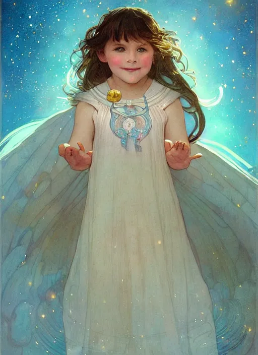 Image similar to a cute little girl with a round cherubic face, blue eyes, and short wavy light brown hair smiles as she floats in space with stars all around her. she is wearing a turquoise dress. beautiful painting by artgerm and greg rutkowski and alphonse mucha