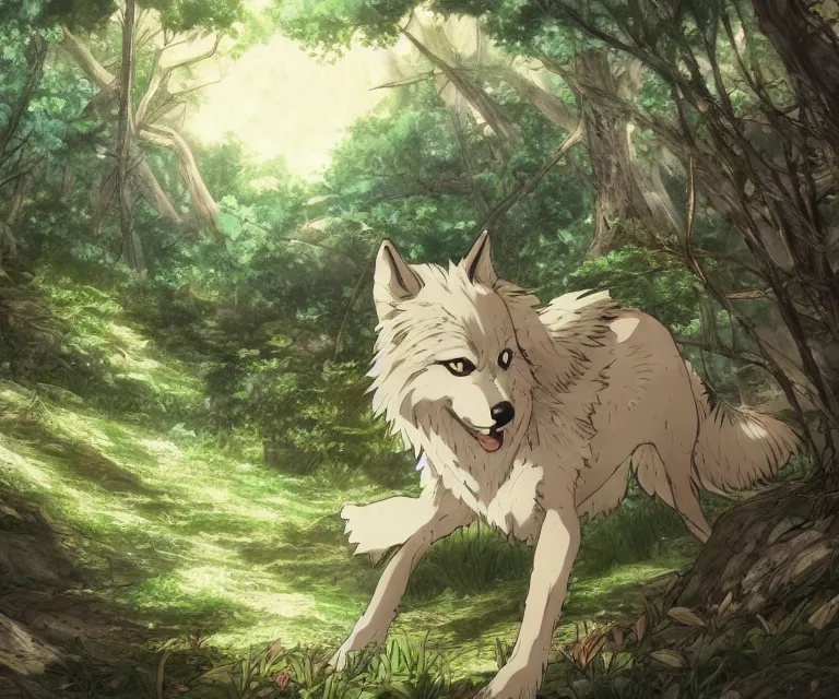 Prompt: wolf in a forest, anime fantasy illustration by tomoyuki yamasaki, kyoto studio, madhouse, ufotable, comixwave films, trending on artstation