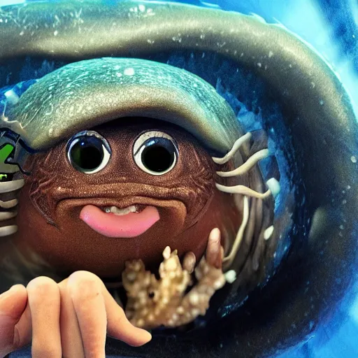 Prompt: sea monster about to eat pov underwater, big eyes, terrifying, hyper realistic, 8 k cinematic