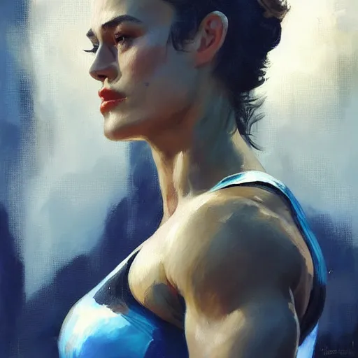 Prompt: greg manchess portrait painting of confident keira knightley as beautiful thick female bodybuilder zarya from overwatch, medium shot, asymmetrical, profile picture, organic painting, sunny day, matte painting, bold shapes, hard edges, street art, trending on artstation, by huang guangjian and gil elvgren and sachin teng