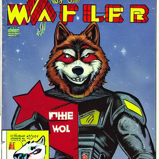 Image similar to 1 9 8 0 s comic book cover scan featuring a portrait of villain male wolf o'donnell anthropomorphic wolf furry fursona from starfox wearing a dark space mercenary uniform, dark grey wolf, handsome eyes, wolf o'donnell