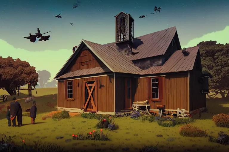 Image similar to a amish farmhouse cottage by paolo eleuteri serpieri and tomer hanuka and chesley bonestell and daniel merriam and tomokazu matsuyama, clearly defined outlines, unreal engine, high resolution render, featured on artstation, octane, 8 k, highly intricate details, vivid colors