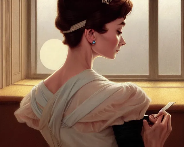 Image similar to photography of audrey hepburn in breakfast at tiffany's, deep focus, intricate, elegant, highly detailed, digital painting, artstation, concept art, matte, sharp focus, illustration, art by artgerm and greg rutkowski and alphonse mucha