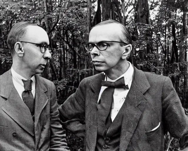 Image similar to close - up of edgar cayce and aldous huxley in a forest, epic colorful hyper detailed award winning photography