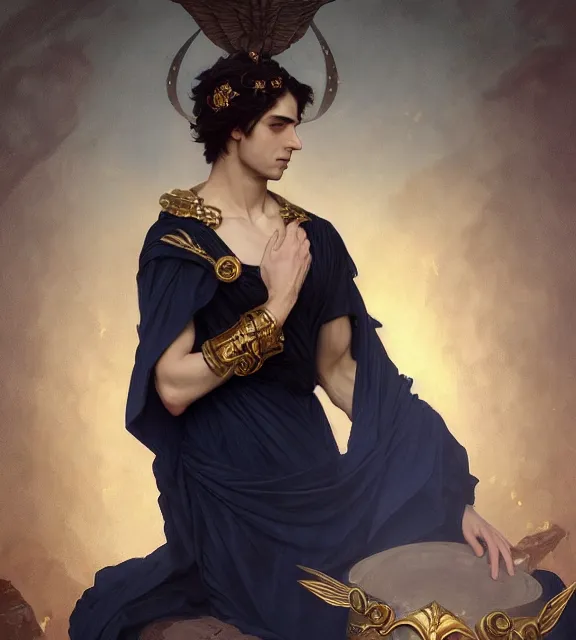 Image similar to god of death, young male, in the underworld, elegant dark blue dress, very detailed, throne, very intricate details, jewelry, gold eyeshadow, elaborate long black hairstyle, wings, cinematic, artstation, william bouguereau, alphonse mucha, greg rutkowski, rossdraws, octane render, no hands