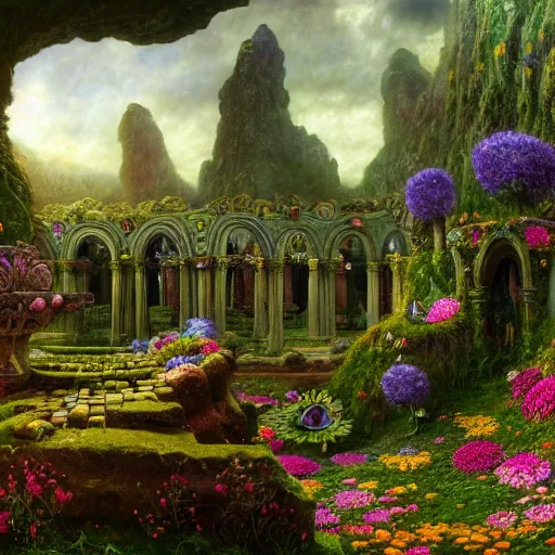 Prompt: a beautiful and highly detailed matte painting of a lost celtic temple in a magical fantasy garden, colorful flowers, psychedelic patterns, epic scale, insanely complex, hyperdetailed, sharp focus, hyperrealism, artstation, cgsociety, 8 k, bright colors, by caspar friedrich, albert bierstadt, james gurney, brian froud,