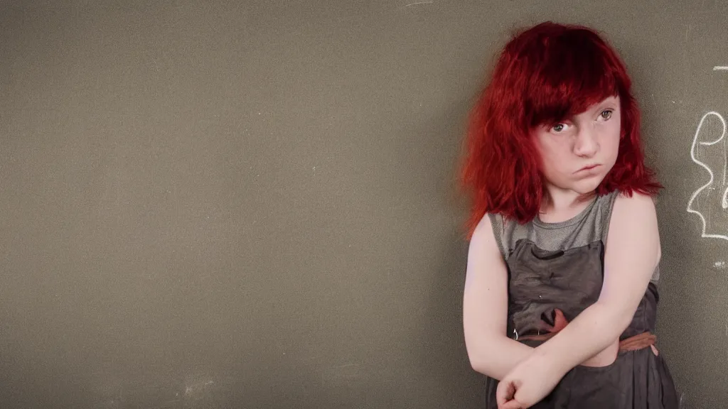 Image similar to colour photograph of a child questioned at the blackboard, red hair, shy, inspired by Gregory Crewdson