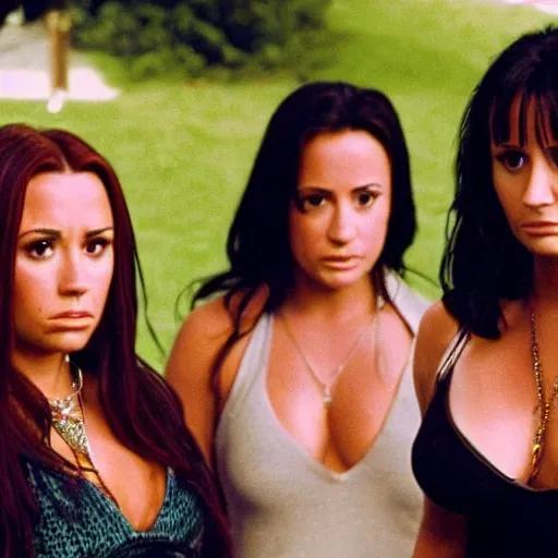 Image similar to close-up of Demi Lovato as Piper Halliwell, Selena Gomez as Phoebe Halliwell and Ariana Grande as Prue Halliwell in a Charmed movie directed by Christopher Nolan, movie still frame, promotional image, imax 35 mm footage