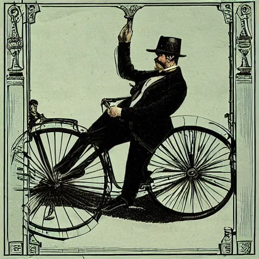 Prompt: a man riding a cycle plane illustration victorian