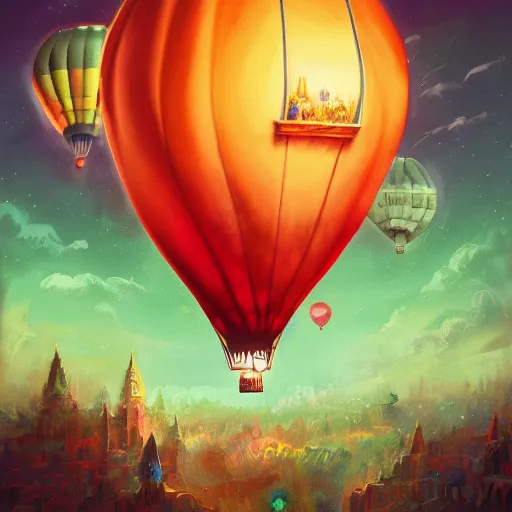 Image similar to a beautiful colorful stunning fantasy whimsical matte digital storybook concept illustration of a night - time hot - air balloon race by marc simonetti and anato finnstark, disney, magical bokeh moon stars, trending on artstation hq, masterpiece