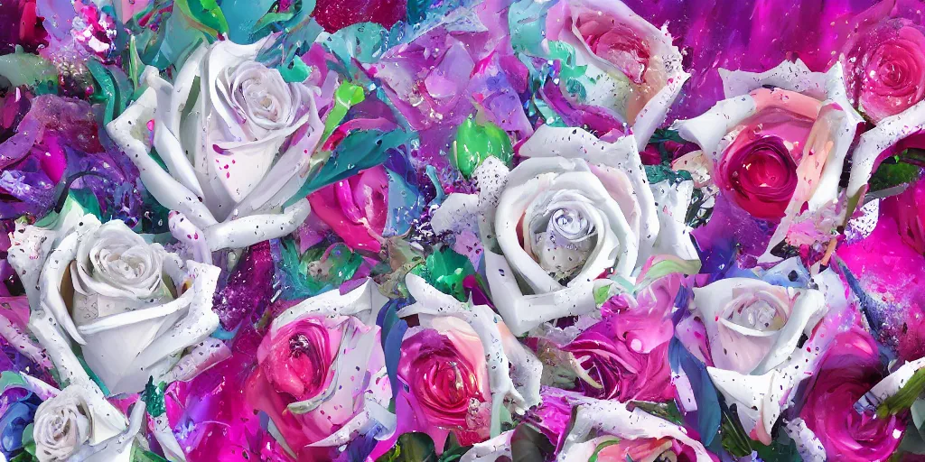 Image similar to background art of magic invisible force blade slicing through a bouquet of white and pink roses, flowers exploding and splattering, paint splatter, acrylic, exploding roses, large rose petals, lotus petals, large polygonal background elements, large polygons, studio ghibli anime, radiant lighting, artgerm, manga, trending on artstation, art nouveau, mature colors