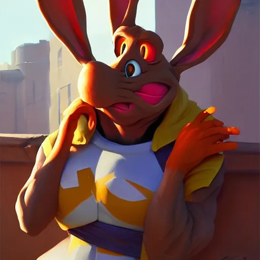 Image similar to Greg Manchess portrait painting of Roger Rabbit as Overwatch character, medium shot, asymmetrical, profile picture, Organic Painting, sunny day, Matte Painting, bold shapes, hard edges, street art, trending on artstation, by Huang Guangjian and Gil Elvgren and Sachin Teng