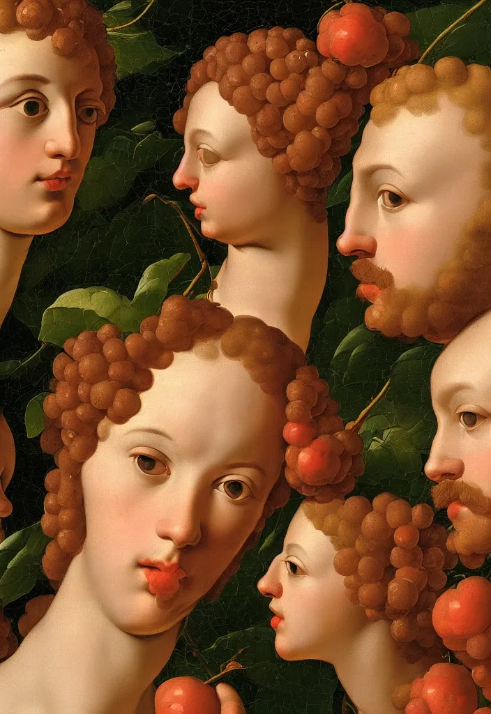 Image similar to men and women, closeup portrait, garden with fruits on trees, ultra detailed, liquid gold, Guido Reni style