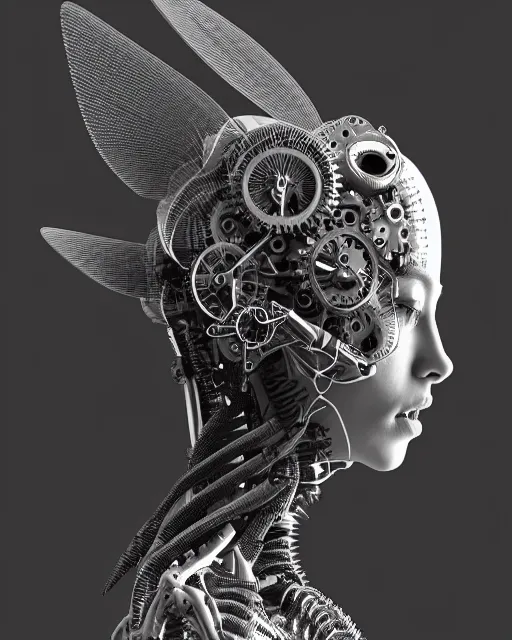 Image similar to mythical black and white organic bio-mechanical spinal ribbed profile face portrait detail of mechanical beautiful female angelic-vegetal-cyborg, highly detailed, intricate steampunk ornate, poetic, 3D render, digital art, octane render, 8K artistic photography, photo-realistic, by Dora Maar