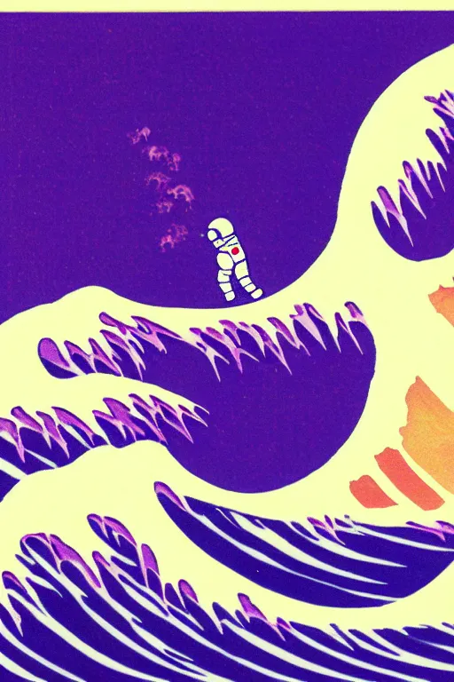 Prompt: an astronaut surfing the great wave off kanagawa on a purple surboard