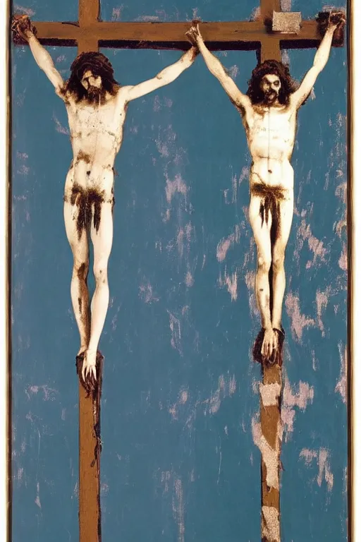 Prompt: jesus christ crucified painted by cy twombly and andy warhol