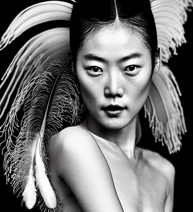 Image similar to photography film noir scene portrait starring liu wen, natural background, backlight lighting, natural fragile pose, great _ hairstyle, wearing stunning dress with feathers by iris van herpen, with a colorfull makeup. highly detailed, skin grain detail, photography by paolo roversi, amano, nick knight, helmut newton, avedon, araki