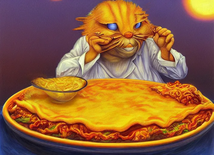 Prompt: surrealist impressionist painting of garfield eating lasagna at dusk, in the style of michael whelan and wayne barlowe