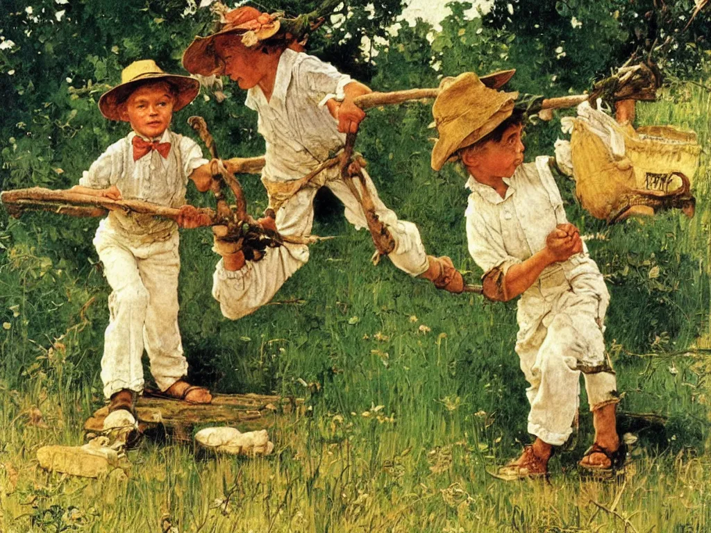 Image similar to the adventures of tom sawyer and huckleberry finn, illustrated by norman rockwell, playful, naturalistic, simple life, mississippi, colorful, landscape