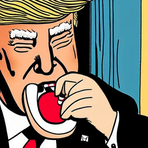 Image similar to close - up portrait of donald trump eating a missile, by chris ware