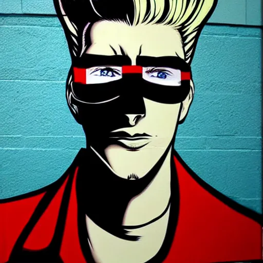 Image similar to Wall mural portrait of Vash the Stampede, urban art, pop art, artgerm, by Roy Lichtenstein