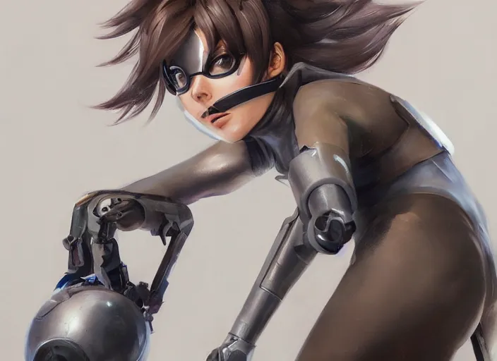 Image similar to a highly detailed beautiful portrait of tracer from overwatch as 2 b nier automata wearing a skintight suit, concept art, by gregory manchess, james gurney, james jean