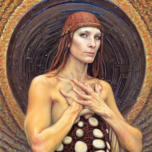 Image similar to portrait of a mushroom priestess, by gerald brom, donato giancola, and berthold woltze.