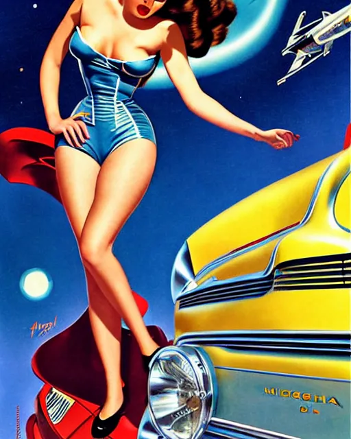 Image similar to beautiful retro space megan fox varga girl posing on a car in diesel punk city, windblown dark hair, retro pinup model, seductive, 1 9 4 0, hyper detailed, digital art, smooth, sharp focus, gil elvgren, anna dittmann alberto vargas,