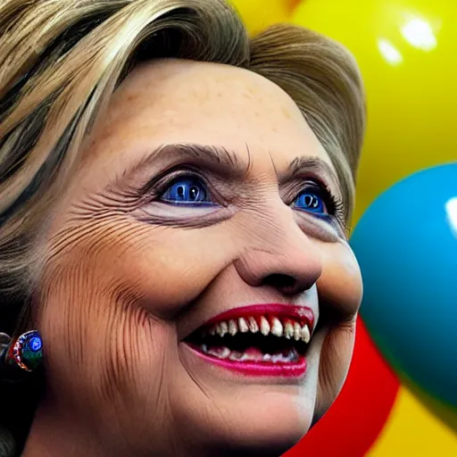 Image similar to lizard Hillary Clinton looking at brightly colored balloons, photo, detailed, 4k