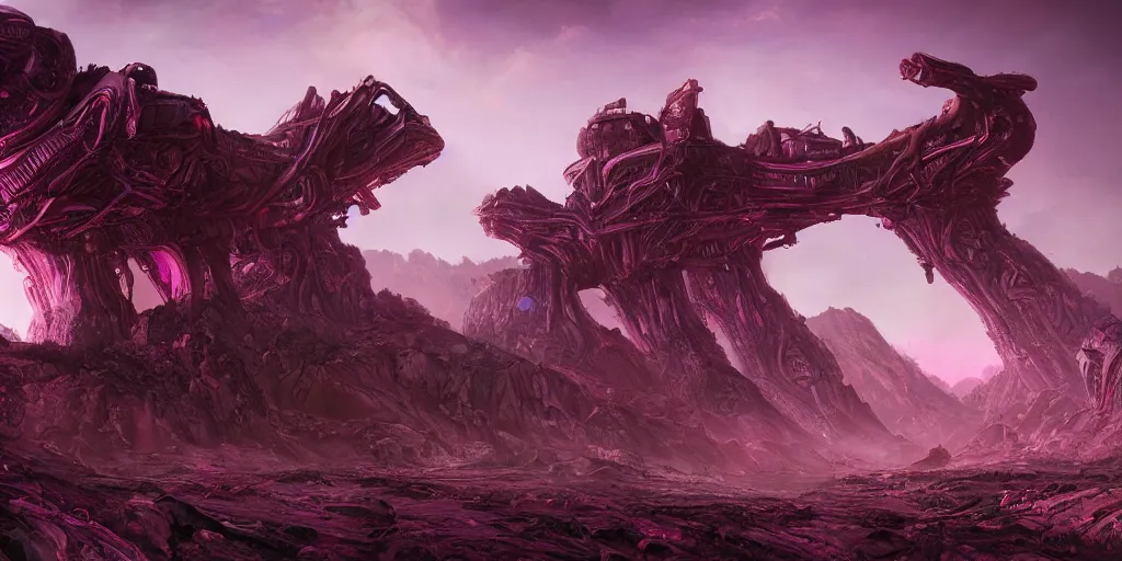 Image similar to alien landscape, ruined alien structures, glowing purple, beautiful, solarpunk, trending on artstation, 8 k, high detail, by shrimbly flingleston